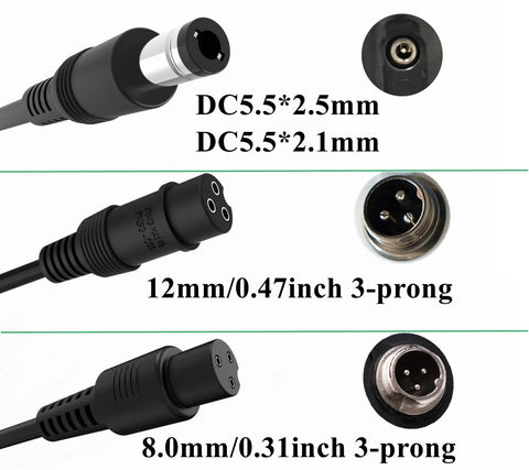 Three plug types for 3 In 1 29.4V 2A Electric Scooter Charger Replacement For 25.2V Lithium Scooters And E Bikes, detailed view.