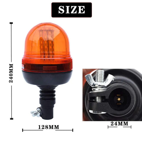 Premium Amber Led Rotating Beacon And Strobe Light With 60 Led Offering 360 Visibility For Tractors And Rigs Featuring Flexible Base and dimensions displayed.