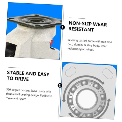 Universal Adjustable Swivel Casters With Leveling Feet And Flat Base For Heavy Duty Rig No Fuss Install, detailed close-up on swivel plate and nylon wheel.