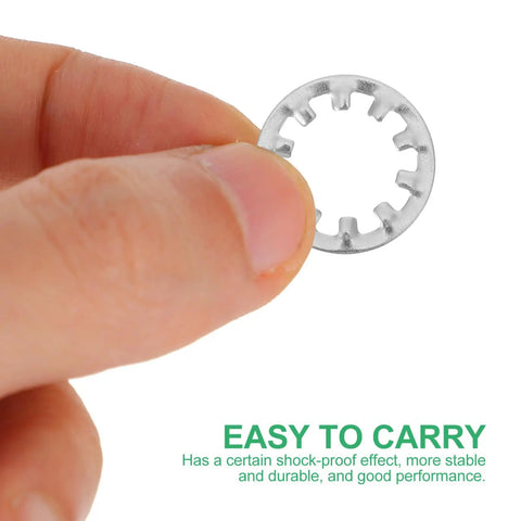 Close-up of a stainless steel internal tooth lock washer from the "Internal Tooth Lock Washers Set Stainless Steel Size 3 To 10 300-Piece Star Shape Assortment Kit For Fastening And Anti Slip Heavy Duty Vibration Resistant DIY Hardware Fixes” displayed between fingers.