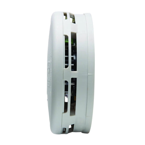 Side view of 2-In-1 Smoke And Carbon Monoxide Detector With 10-Year Battery And Voice Alerts, 85 Decibel Alarm, Photoelectric Smoke Sensor And Electrochemical CO Sensor For Fast Family Warnings At Home.