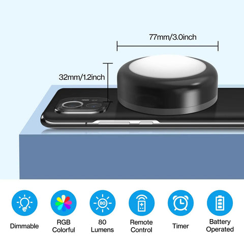 Lit Color Changing LED Puck Lights Two Pack Battery Powered Dimmable Under Cabinet Lighting With Remote Control Black close-up