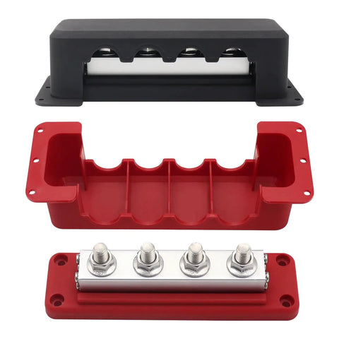 Top Grade Heavy Copper Bus Bar With Built Tough 600 Amp Power Distribution Block and Zero Fuss Surface Mount Battery Terminal Junction For Direct Current, showing red and black junction blocks.