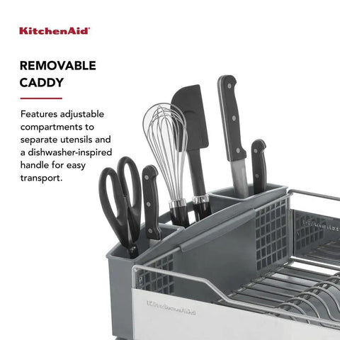 Full Size Countertop Dish Rack Heavy Duty Organizer With Angled Draining Surface Removable Utensil Basket Non Slip Base Slick Rust Resistant Finish Straight Up Effortless Drying System In Light Grey featuring adjustable utensil caddy.
