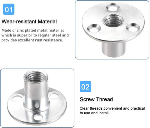 5Pcs M12 Brad Hole Tee Nuts Zinc Plated Carbon Steel 3 Hole Round Base Screw In T Nuts for Wood Furniture