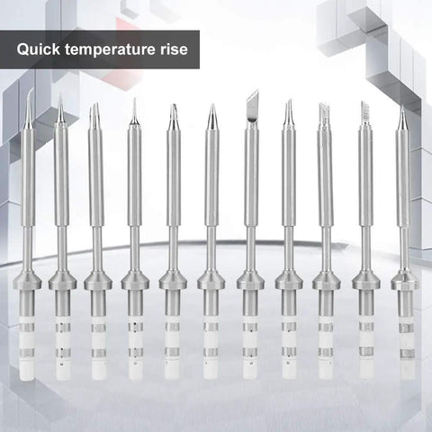 11 stainless steel tips on a display for Mini Soldering Iron Tips Set For TS100, 11Pcs Stainless Steel Replacement Tips For Electric Pen Type Soldering Iron, Fast Heating, Durable, Pro Grade For Precise Electronics And Micro Soldering