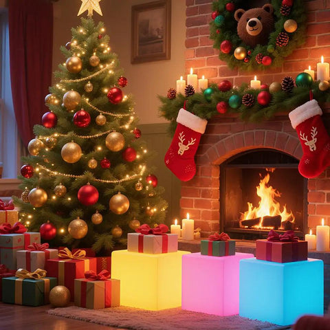 Lit RGB Color Changing LED Cube Seat 14-Inch LED Cube Chair With Remote near Christmas tree and fireplace in cozy room.