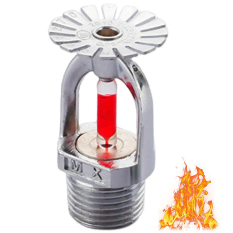 Straight Up Bulletproof Pendent Fire Sprinkler Head With Lightning Quick Response Trigger and Reliable Downward Spray Plus Half Inch Npt Thread For No Mess Residential Or Commercial Safety Gear, copper build with red heat indicator.