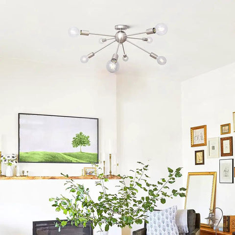 Mid Century 8 Light Sputnik Chandelier Nickel Ceiling Light Fixture Semi Flush Mount in a modern living room