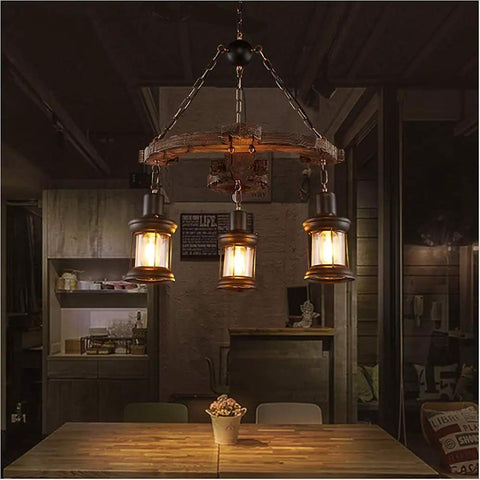 Industrial Hanging Lantern Chandelier With Three Lights, Loft Style Wooden Anchor, Kitchen Bar Use, E26/E27, Rustic Setting