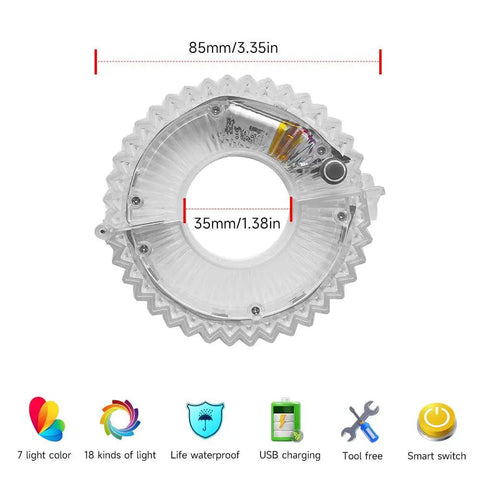 Rechargeable Bike Wheel Lights With 21 Dope Colors And Modes, Ultra Bright LED Hub Accessories details with dimensions.