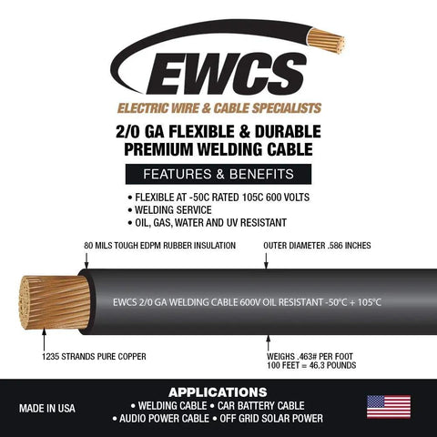 Image showing features of 2/0 Gauge Premium Extra Flexible Welding Cable 600 Volt Black 20 Feet Made In USA Heavy Duty Pro Grade Flexible Copper Conductors.