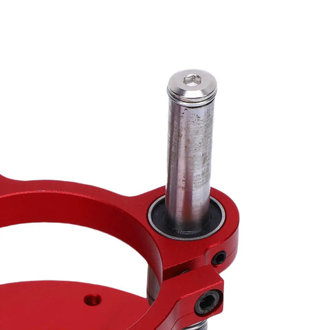 Router Lift Base With 2 Jaw Clamping System Pro Grade Aluminum Alloy Router Table Insert Plate Lifting Mechanism 70mm Stroke Red Ideal For Woodworking Trimming Jobs close-up of clamp and lift post
