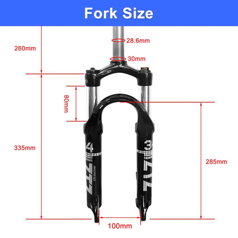 Diagram of folding bike front suspension fork with 80mm travel, 100mm hub spacing, disc brake ready, 20 inch for folding bikes, BMX and mountain bikes.