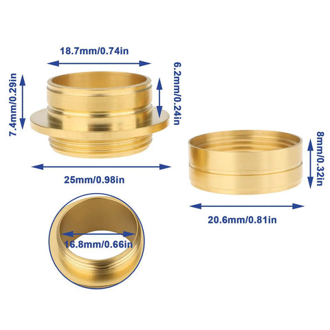 Detailed view of Heavy Duty Solid Brass Threaded Inserts for Precision Woodturning, showcasing size dimensions.