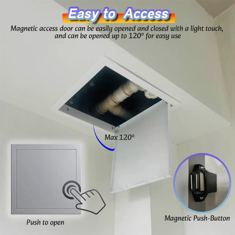 Heavy Duty Black Access Panel For Drywall And Suspended Ceilings Rustproof Galvanized Steel Inspect Hatch open at 120 degrees with push button.
