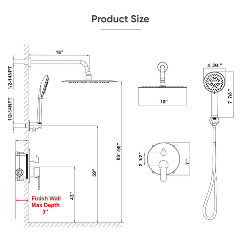Dimensions of brushed gold rainfall shower system with 10-inch head, 5-function handheld sprayer, and solid brass valve.