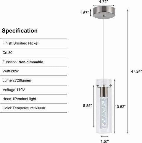 Dimensions and specifications of Three Pack Modern Pendant Lights In Satin Nickel With 24W LED Bulbs 6000K Bubble Glass Dome Chandelier
