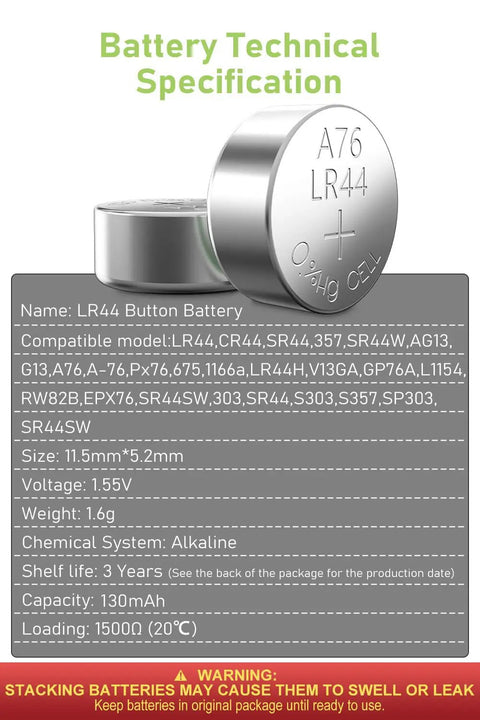 Rock Solid 40 Pack LR44 Alkaline Button Cell Batteries 1.5 Volt AG13 357 SR44 A76 Coin Power technical specifications and measurements.