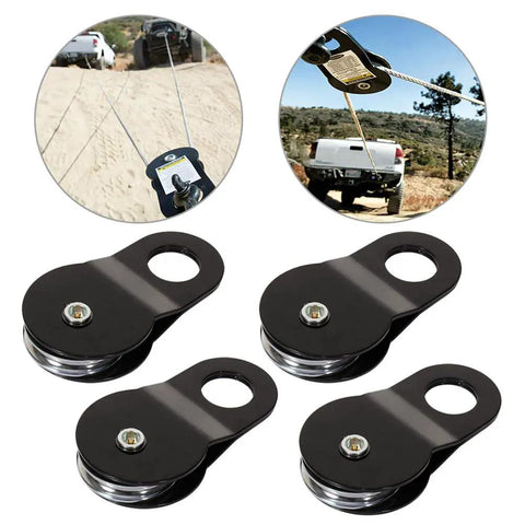 Beefy Heavy Duty Recovery Winch Snatch Block Pulley Kit For One Half To Three Quarter Inch Cable Twenty Thousand Pound Capacity Forged Steel With Black Powder Coat Four Block Set For Off Road Towing And Vehicle Recovery, four black pulleys