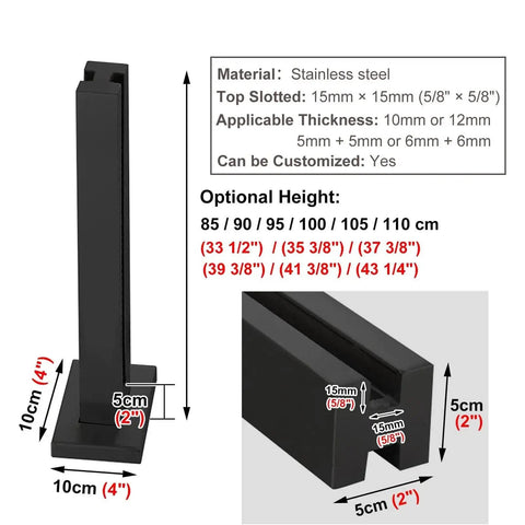 Matte Black Glass Railing System With Durable Stainless Steel Balustrade; post dimensions 85cm, stainless steel, suitable for various heights.