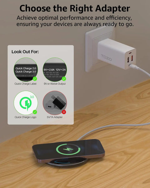 Anti Slip Aircraft Grade Aluminum Wireless Charger Pad With 15W Max Fast Charging shown on wooden desk with adapter guide.