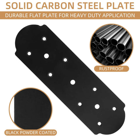 Rock Solid Heavy Duty Steel Flat Brackets, 10 X 3 Inch Mending Plates showing black powder coated carbon steel with pre-drilled holes.