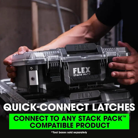 Hands connecting Stackable Storage System Compact Organizer Box With Quick Connect Interlock 25 Lb Load Capacity in workshop.