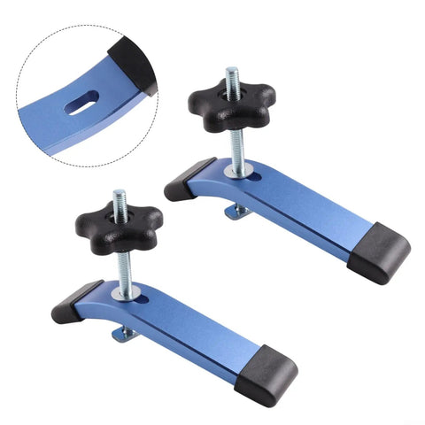 Rock Solid 2-Pack T-Slot Clamps With M8 Hold Down And Slide Tracks Plus Anodized Aluminum Lever Handle For Woodworking Jobs And CNC Milling Jig Fixing To Keep Your Projects On Point Without Bother showing blue aluminum clamps with black knobs and threaded M8 holds.
