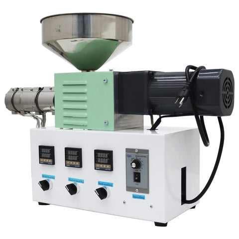Badass Single Screw Extruder Desktop Machine For Custom 3D Printer Filament Production With Precision Heating And Smooth Plastic Output, featuring stainless funnel and controls.