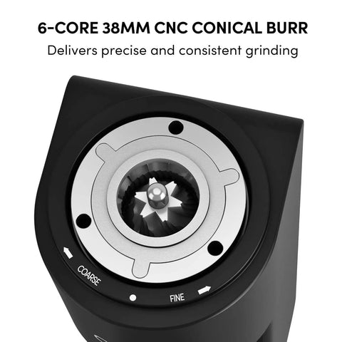 Top Shelf Electric Conical Burr Coffee Grinder Single Dose Fresh Roast Mill showing 6-core 38mm CNC conical burr for precise grinding.