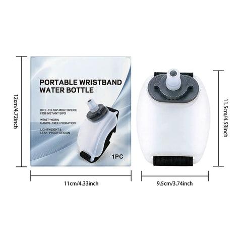 Hands Free Wrist Water Bottle For Running And Cycling With Secure Strap No Sweat Leakproof Design And Silicone Grip next to packaging