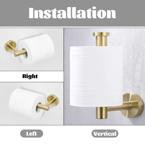 Brushed Gold Bathroom Hardware Set With Toilet Paper Holder shown in left, right, vertical wall mount options