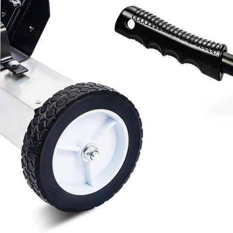 18 Inch Metal Pickup Lawn Sweeper Broom With Adjustable Handle And Wheels For Workshop Debris Collector, close-up of wheel and handle.
