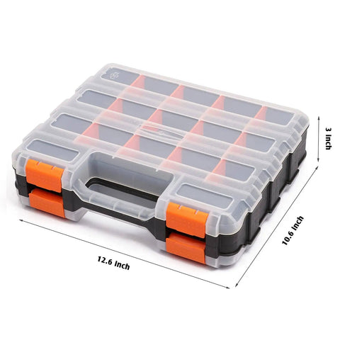 Double Sided Tools Organizer With Removable Dividers, 34 Compartment Hardware Box For Screws Nuts Small Parts, Durable Black And Orange Plastic Case With Easy Slide Dividers For Garage, Shop, And DIY Projects