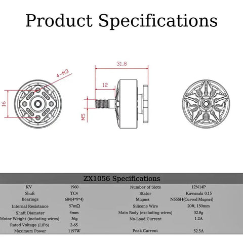 Technical drawing of 2207 Brushless FPV Motor For 5 Inch Drones, 1960KV High Power RC Quad Motor specifications.