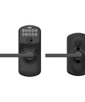 Front and back view of Plymouth Keypad Lock With Lever Handle Electronic Keyless Door Entry Flex Lock Auto Lock Option Matte Black.