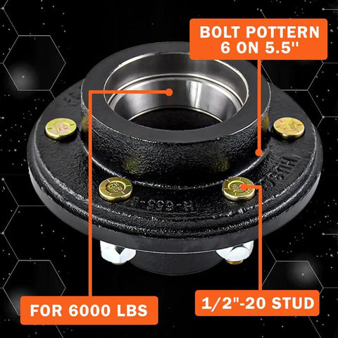 Six Lug On Five Point Five Inch Trailer Idler Hub Kit For Five Thousand Two Hundred To Six Thousand Pound Axles With 15123 Bearing Kit And Cone Wheel Nuts Half Inch Thread Heavy Duty Easy Install, black hub with bolt pattern and studs visible.