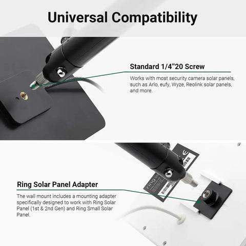 Universal Solar Panel Wall Mount For Ring Eufy Arlo Wyze Reolink And More with adapters for secure solar panel attachment.