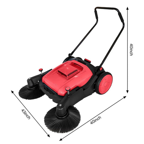 42 Inch Walk Behind Floor Sweeper With 15 Gallon Hopper For Industrial Use shown from the side, featuring large bristle brushes and a manual push design.