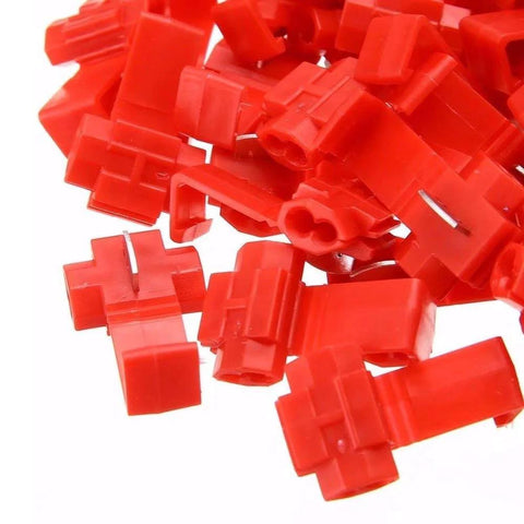 Close-up of red insulated quick-splice wire connectors, 125 pieces for 22–10 AWG wires