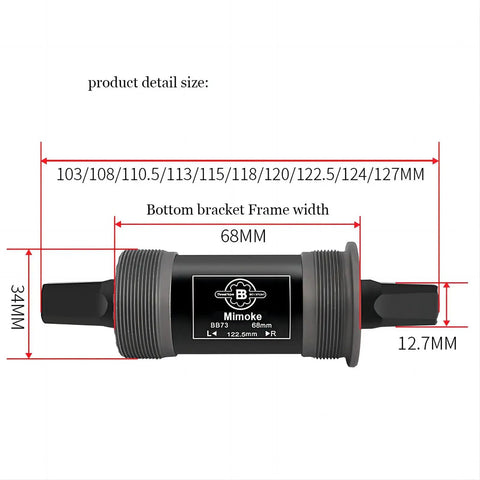 Square Taper Bottom Bracket BSA 68mm Shell Compatible With 113mm 116mm 118mm 122.5mm 124mm 126mm Axles, technical diagram