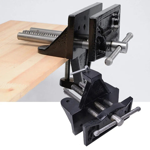 Premium Cast Iron Table Vise With Quick Opening Woodworking Clamp Tool secured on wood for woodworking tasks.