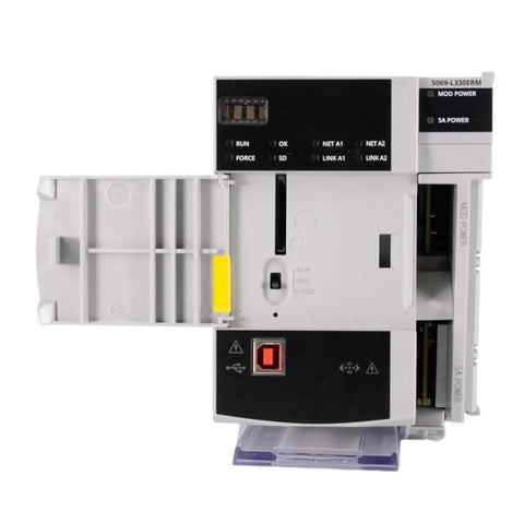 Front view of 3MB Ethernet Motion Controller PLC Module 5069L330ERM with integrated motion control, cover open