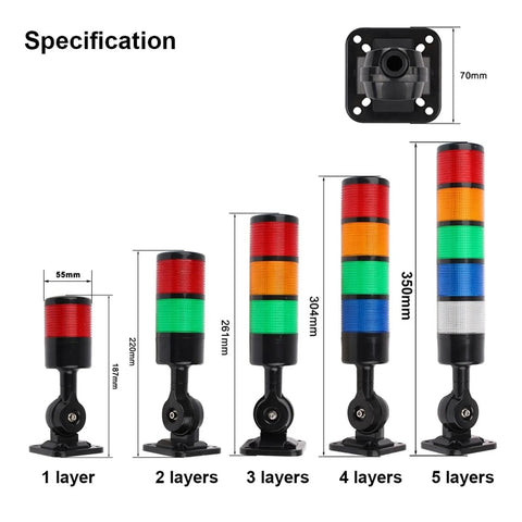 Image showing specifications of Straight Up Heavy Duty Multi Layer Led Signal Tower And Industrial Status Lamp with different layer sizes.
