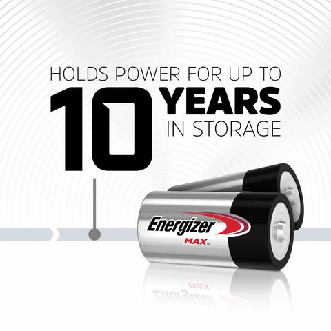 Image of two Energizer MAX C Cell Alkaline Batteries with text stating 'Holds Power for Up to 10 Years in Storage'.