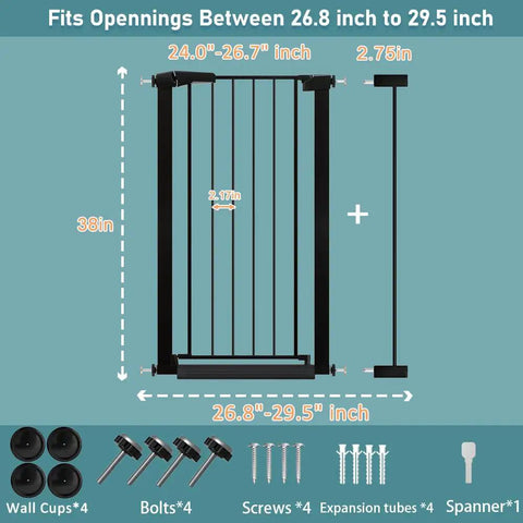 38.5 Inch Extra Tall Pressure Mounted Pet Gate With Walk Through Door Adjustable 29.53 To 32.28 Inch Wide Ideal For Stairs Doorways And Hallways Kid Friendly Barrier For Babies Pups And Large Dogs showing dimensions and components