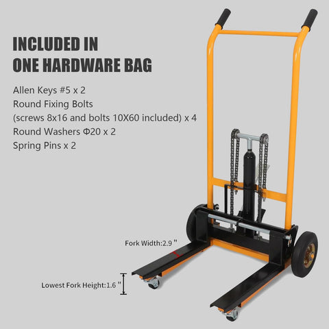 Rock Solid Hydraulic Pallet Jack Stacker With 440 Lb Heavy Load Capacity Smooth Rolling Warehouse Dolly showing included hardware bag contents.