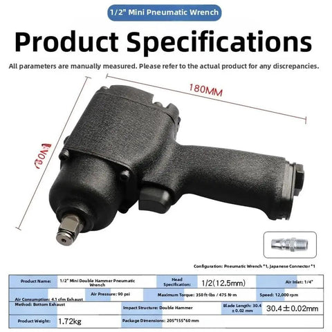 1/2 Inch Drive Pneumatic Air Impact Wrench Delivering A Massive 475Nm Torque Through Double Hammer Build crafted from chrome vanadium steel.