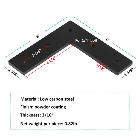 Six Pack Heavy Duty L Corner Brackets, 6 Inch Steel Mending Plates For Woodworking And Home Fixes with measurements displayed.